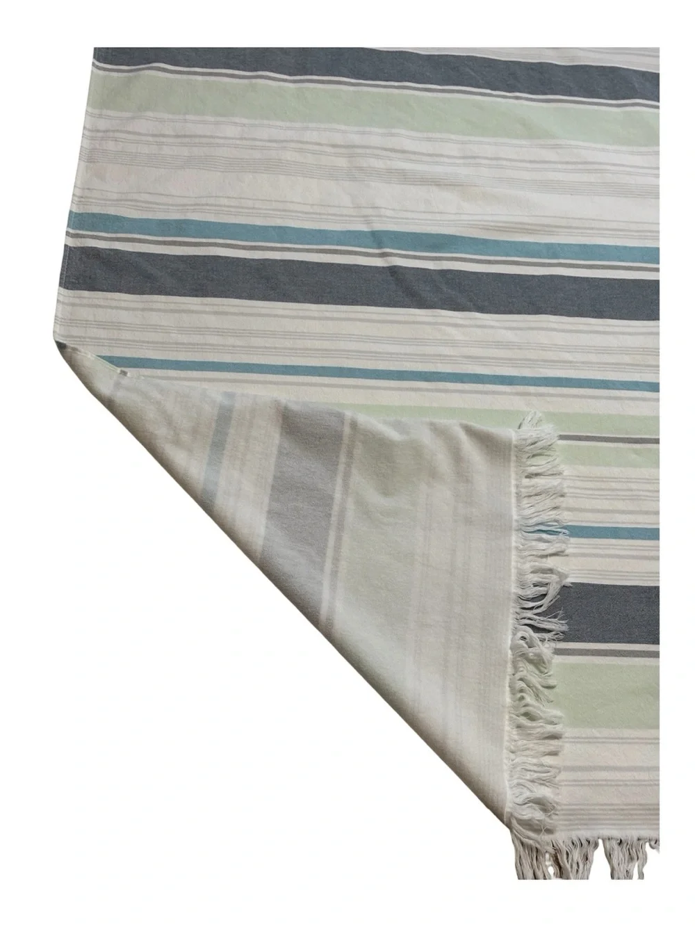 Coyuchi Flat Weave Striped Beach Towel Fringe Edge Blue Gray Green White 70”x37